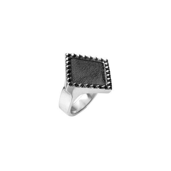 Rebel Punk Diamond Leather Signet Sterling Silver Ring - Cynthia Gale New York Jewelry