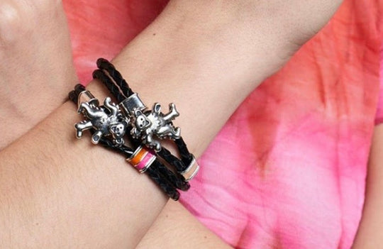 Pink and Orange Enamel Leather Dancing Bear Bracelet
