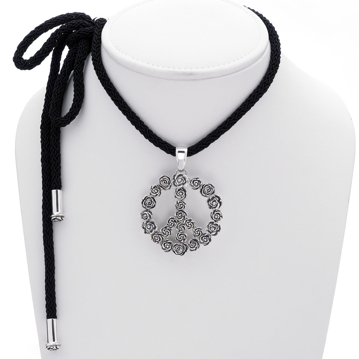 Imagine Peace Rose Sterling Silver Black Cord Necklace