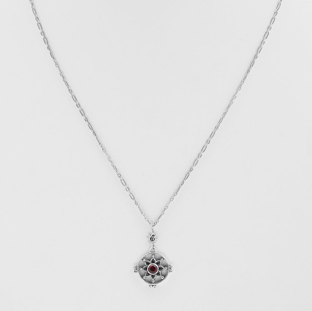 Dharmachakra Sterling Silver Garnet Love Necklace - Cynthia Gale New York Jewelry