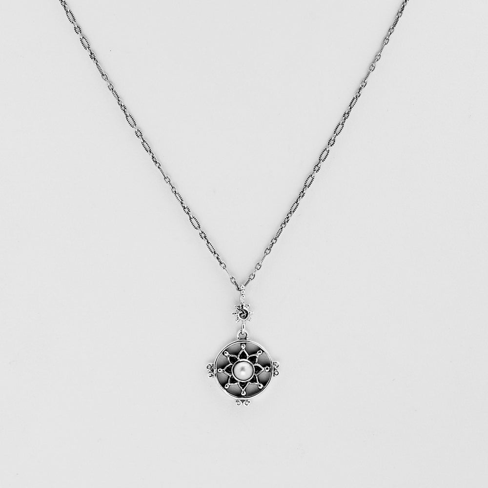 Dharmachakra Sterling Silver White Pearl Love Necklace - Cynthia Gale New York Jewelry