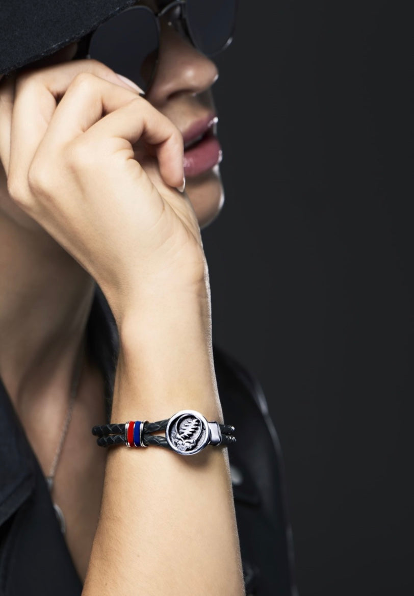 Steal Your Face Blue and Red Enamel Leather Bracelet