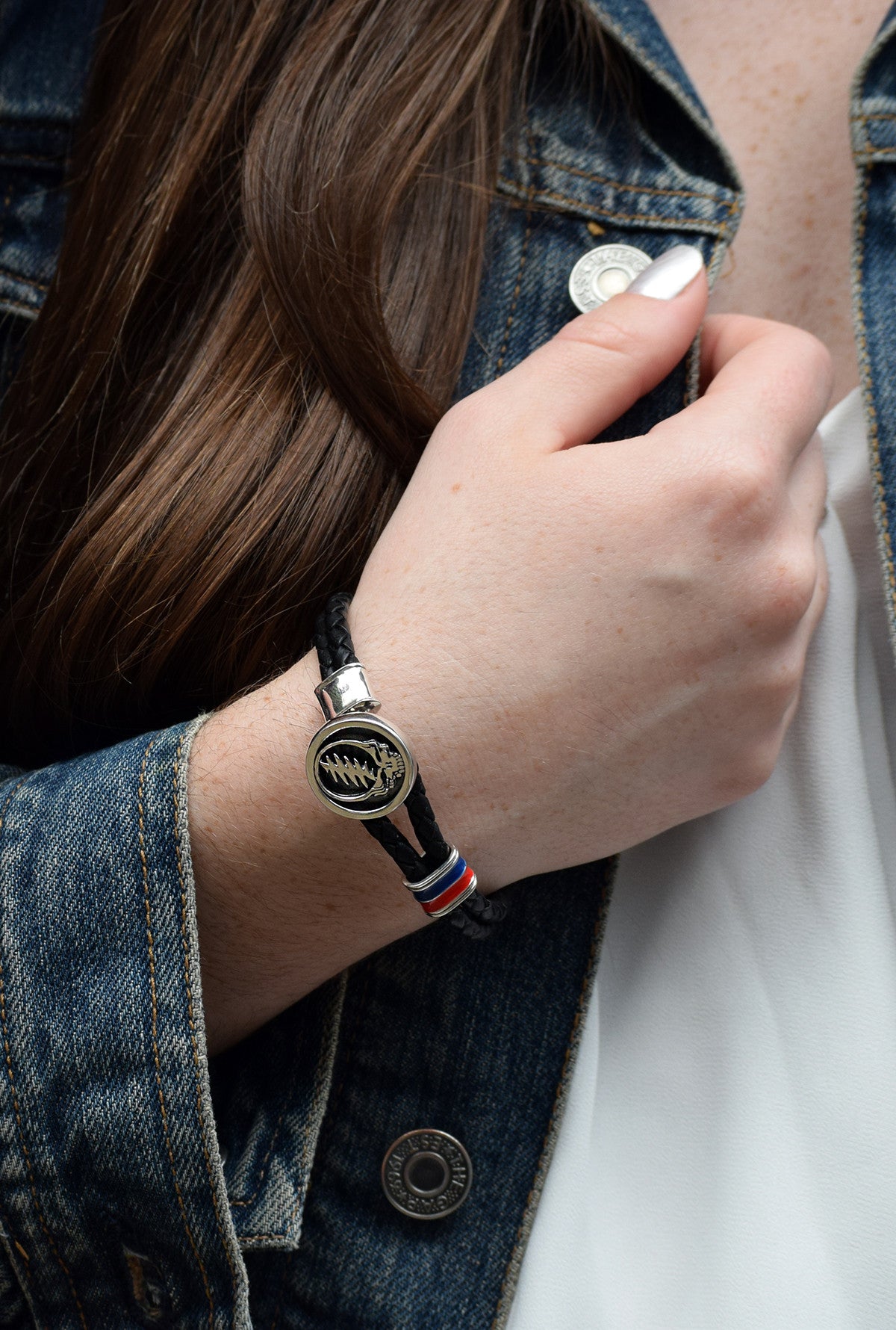Steal Your Face Sterling Silver, Blue and Red Enamel & Leather Bracelet