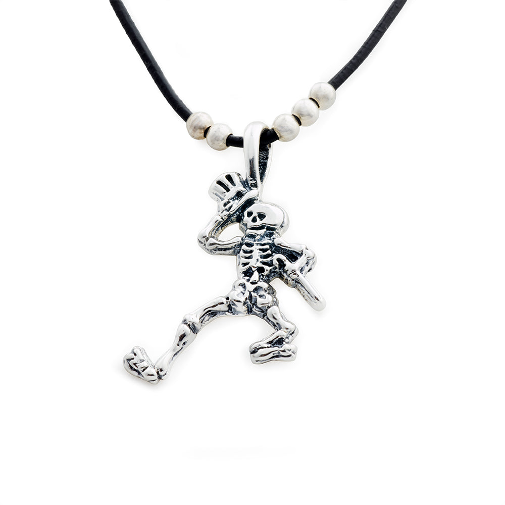 Dancing Skeletons Sterling Silver Beads & Thin Leather Necklace