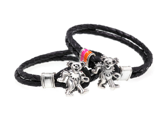 Dancing Bear Sterling Silver, Orange and Pink Enamel & Leather Bracelet