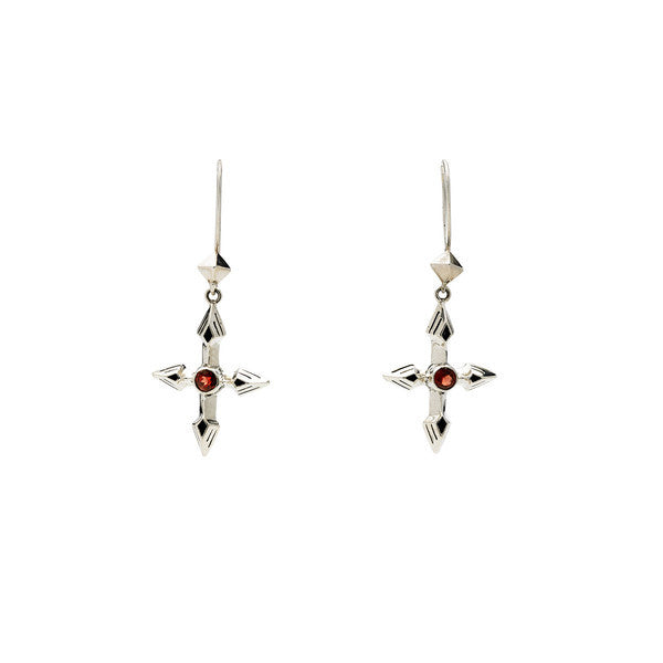 Rebel Punk Garnet Cross Sterling Silver Earring - Cynthia Gale New York Jewelry