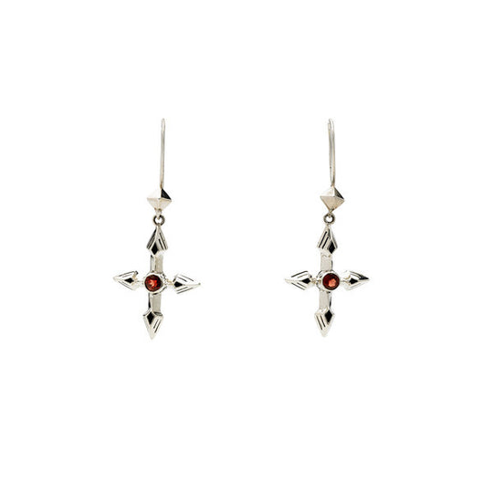 Rebel Punk Garnet Cross Sterling Silver Earring - Cynthia Gale New York Jewelry