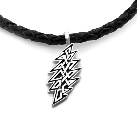 13-Point Lightning Bolt Celtic Knot Sterling Silver Charm Woven Leather Necklace