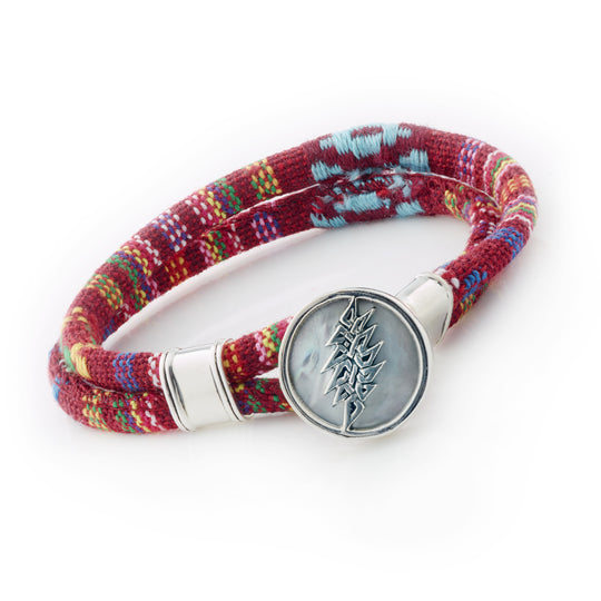 13 Point Lightning Bolt Sterling Silver Deep Scarlet Red Cloth Rope Bracelet