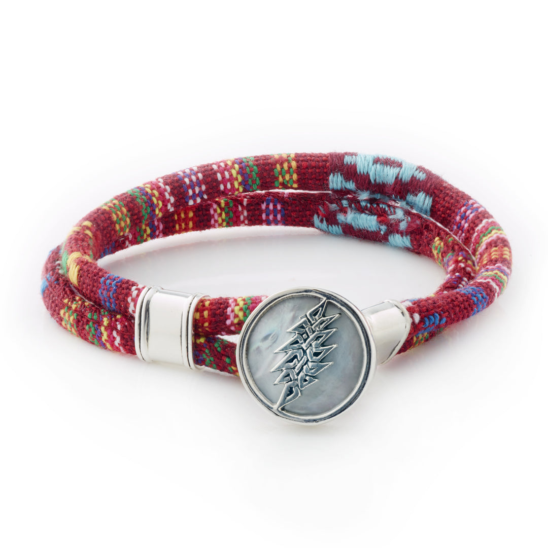 13 Point Lightning Bolt Sterling Silver Deep Scarlet Red Cloth Rope Bracelet