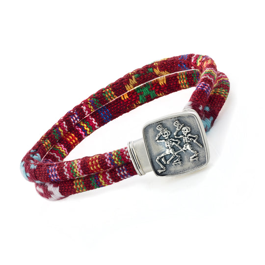 Dancing Skeletons Sterling Silver Deep Scarlet Red Cloth Rope Bracelet