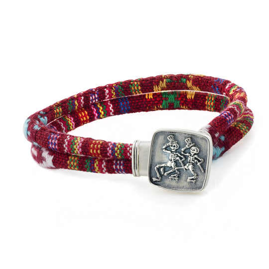 Dancing Skeletons Sterling Silver Deep Scarlet Red Cloth Rope Bracelet