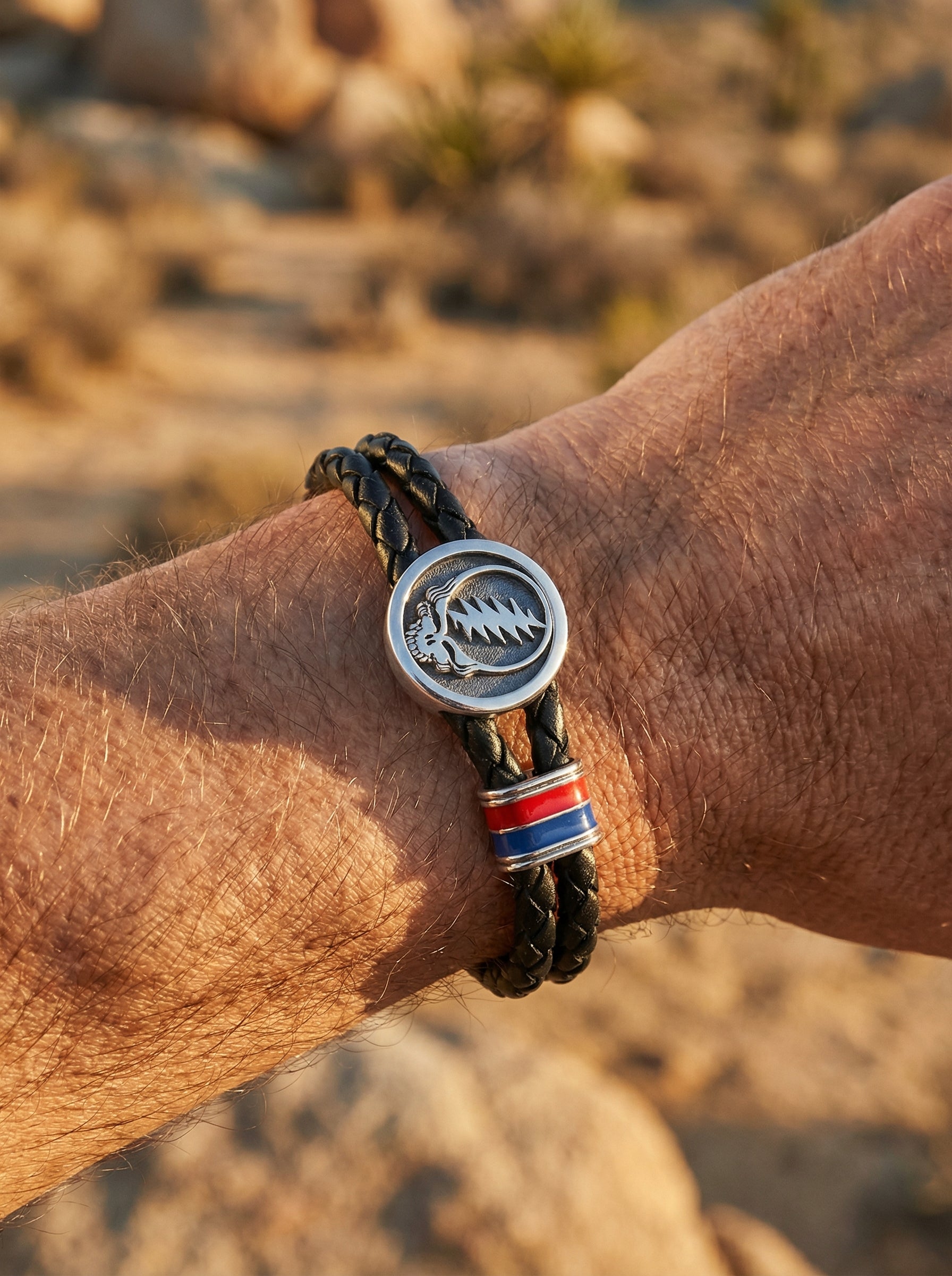 Steal Your Face Sterling Silver, Blue and Red Enamel & Leather Bracelet