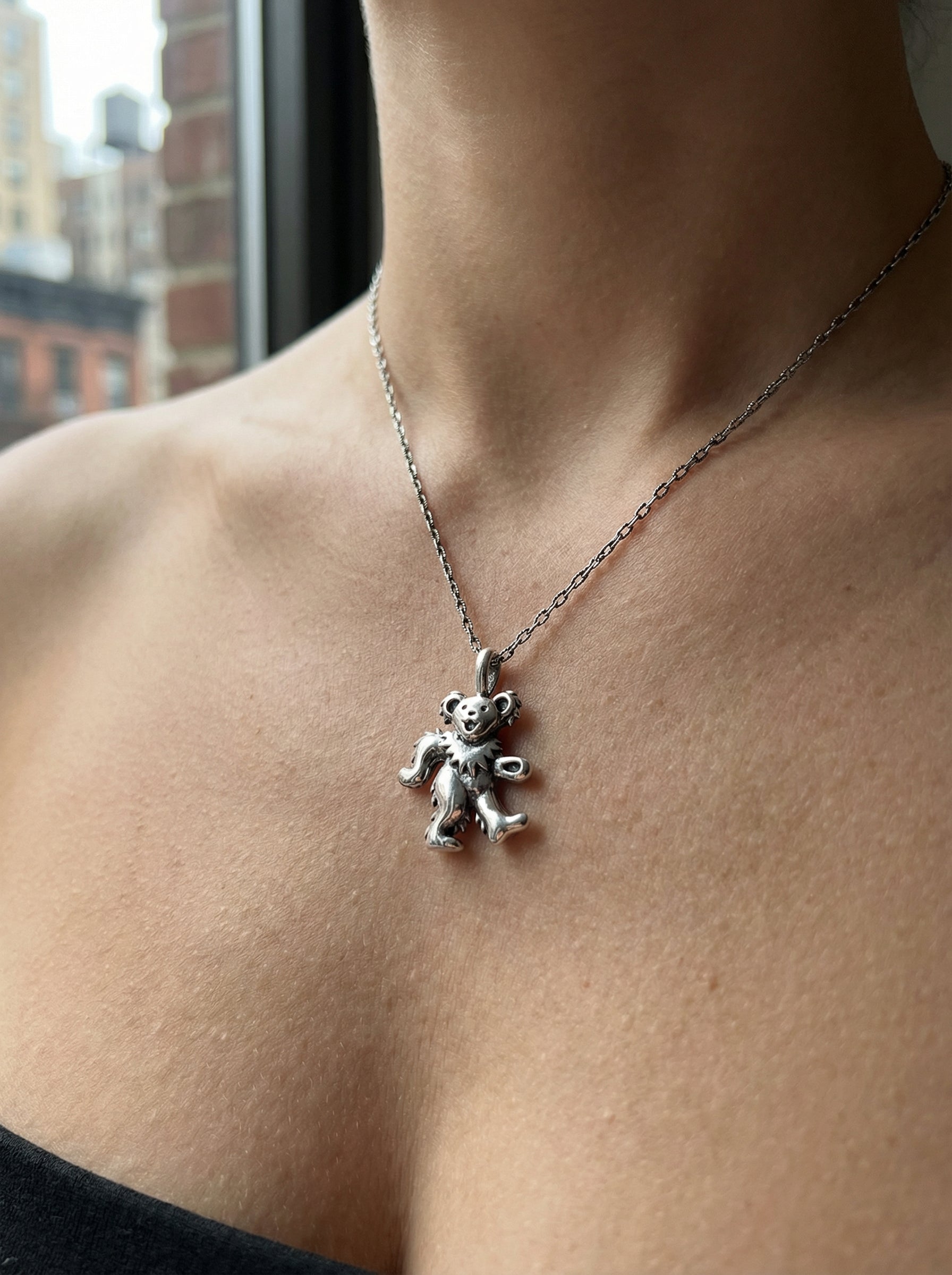 Grateful Dead Dancing Bear Sterling Silver Charm Necklace