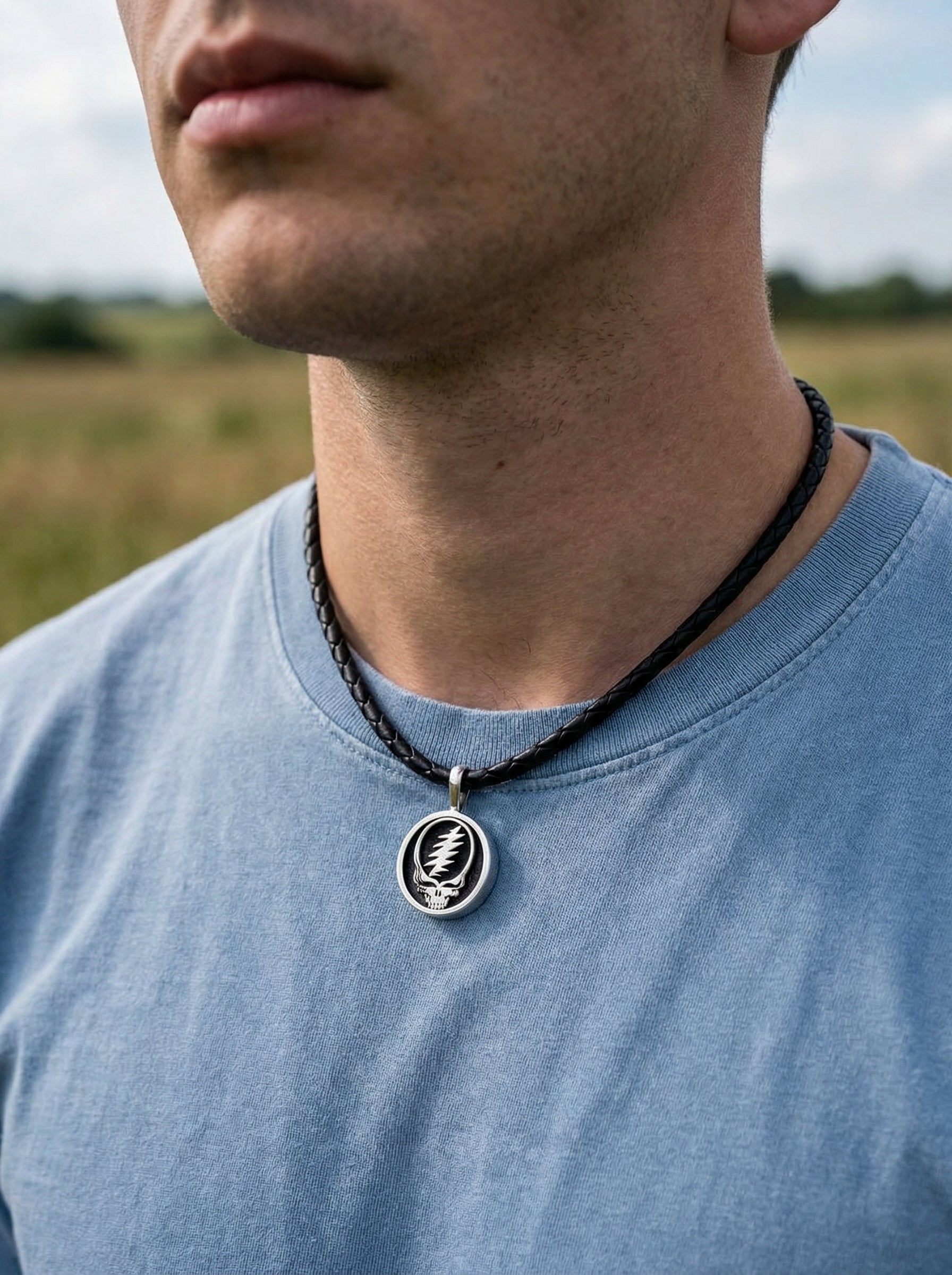 Grateful Dead Steal Your Face Sterling Silver Charm Woven Leather