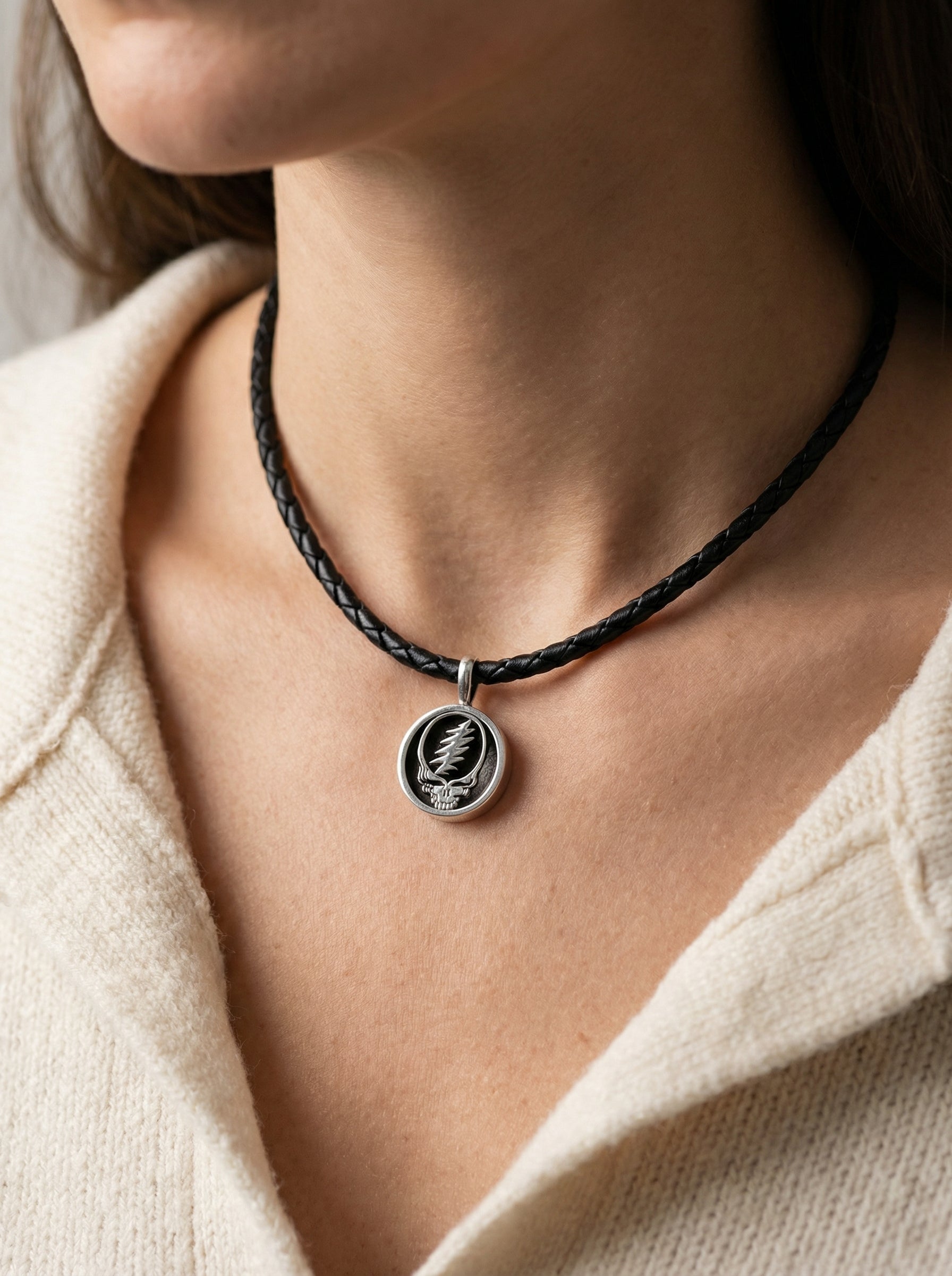 Grateful Dead Steal Your Face Sterling Silver Charm Woven Leather