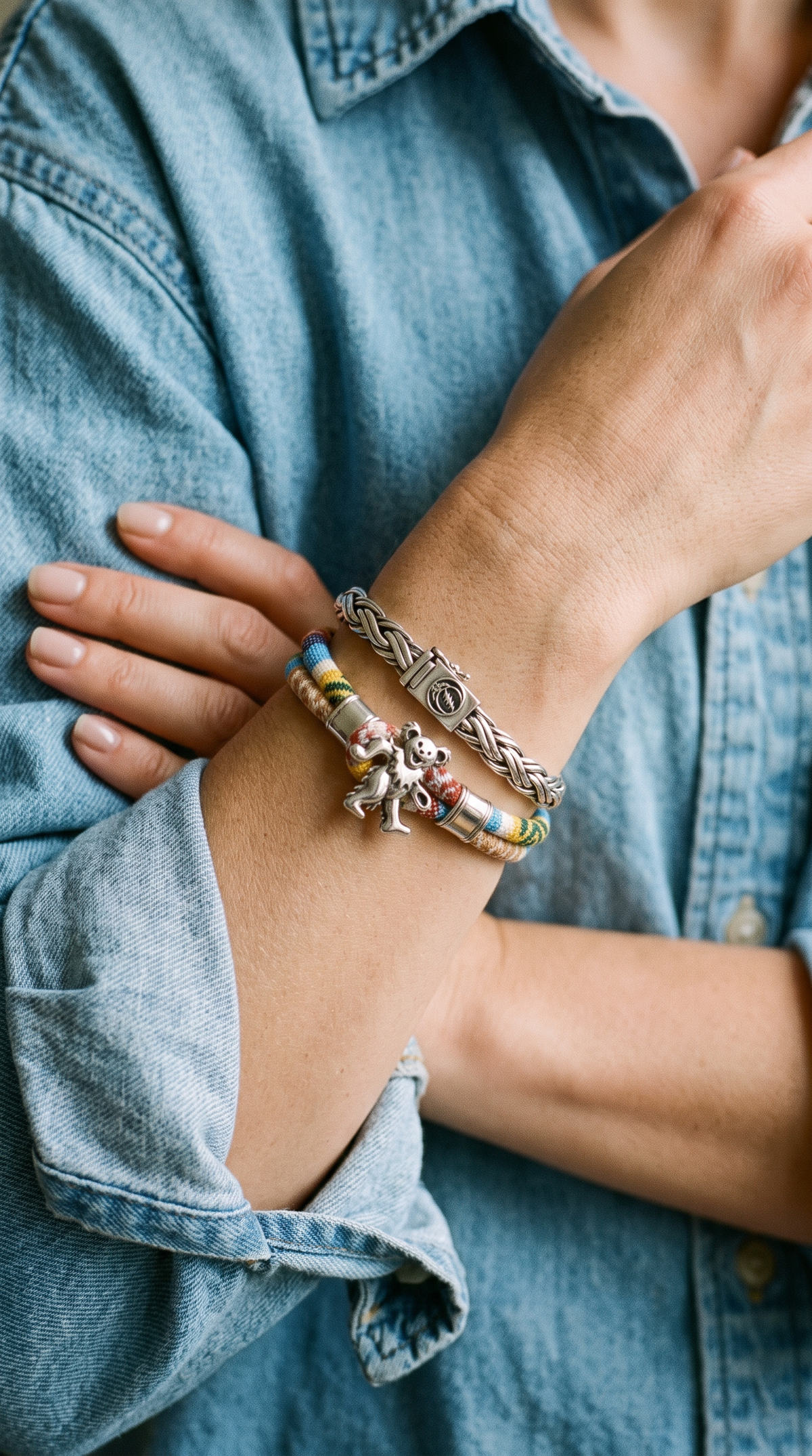 Harvest Dance collection - Grateful Dead woven cloth rope bracelets with sterling silver charms, stacked on a wrist in denim (mobile)