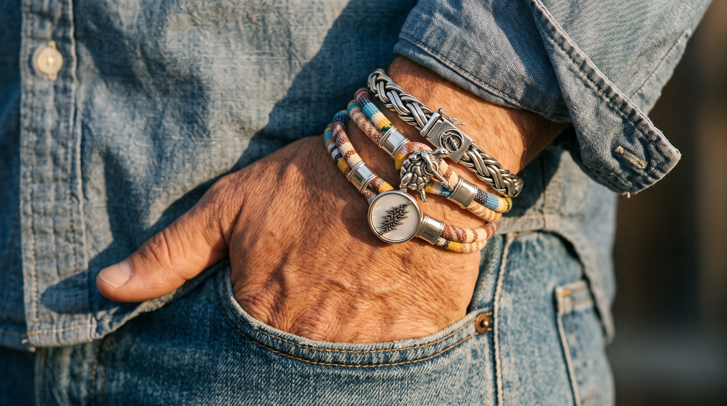 Harvest Dance collection - Grateful Dead woven cloth rope bracelets with sterling silver charms, stacked on a wrist in denim