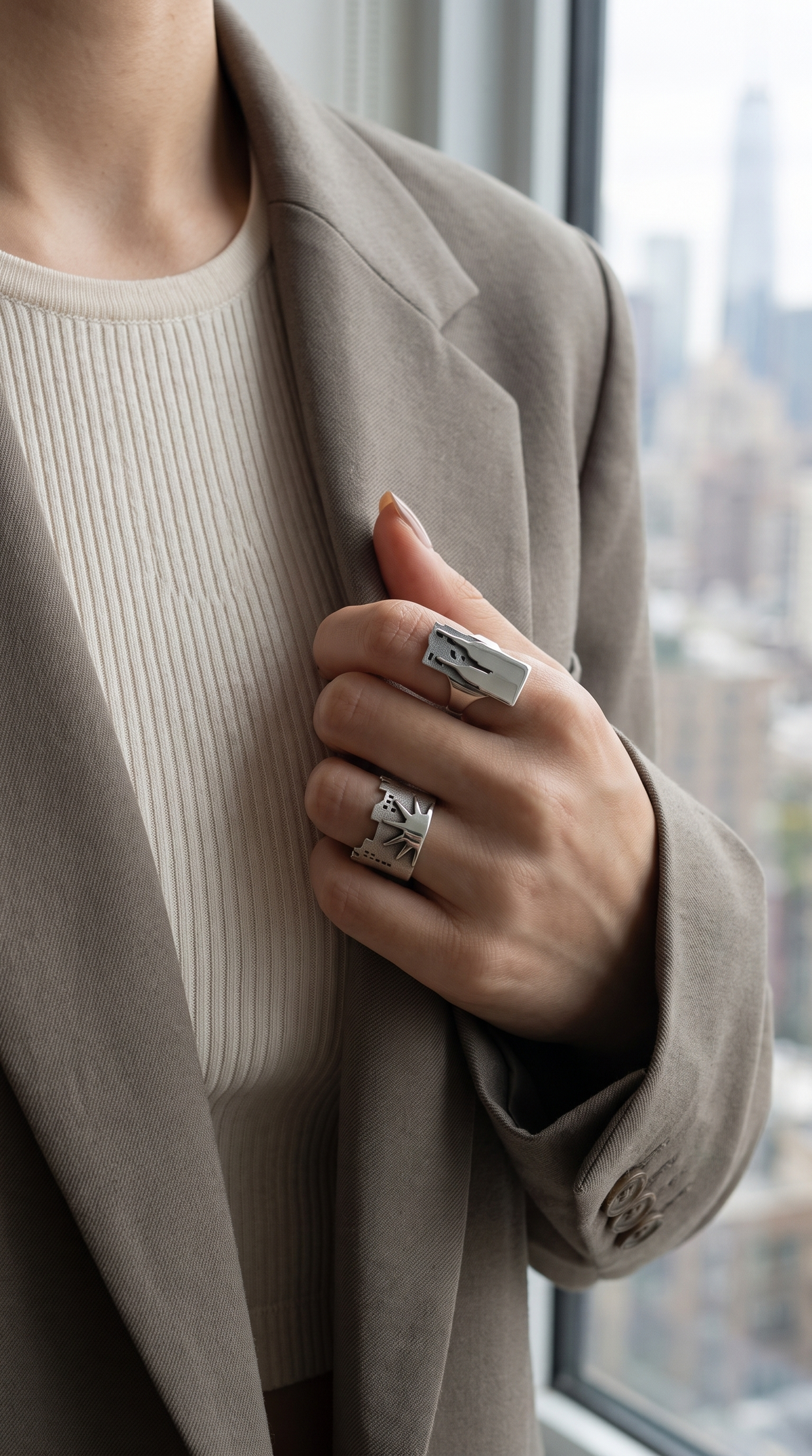 New York City Skyline and Statue of Liberty Crown sterling silver rings worn together, Manhattan skyline in the background - New-York Historical Society collection by Cynthia Gale New York (mobile)