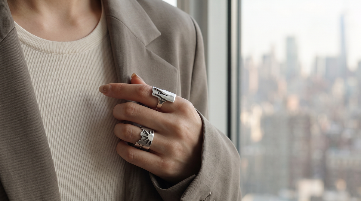 New York City Skyline and Statue of Liberty Crown sterling silver rings worn together, Manhattan skyline in the background - New-York Historical Society collection by Cynthia Gale New York
