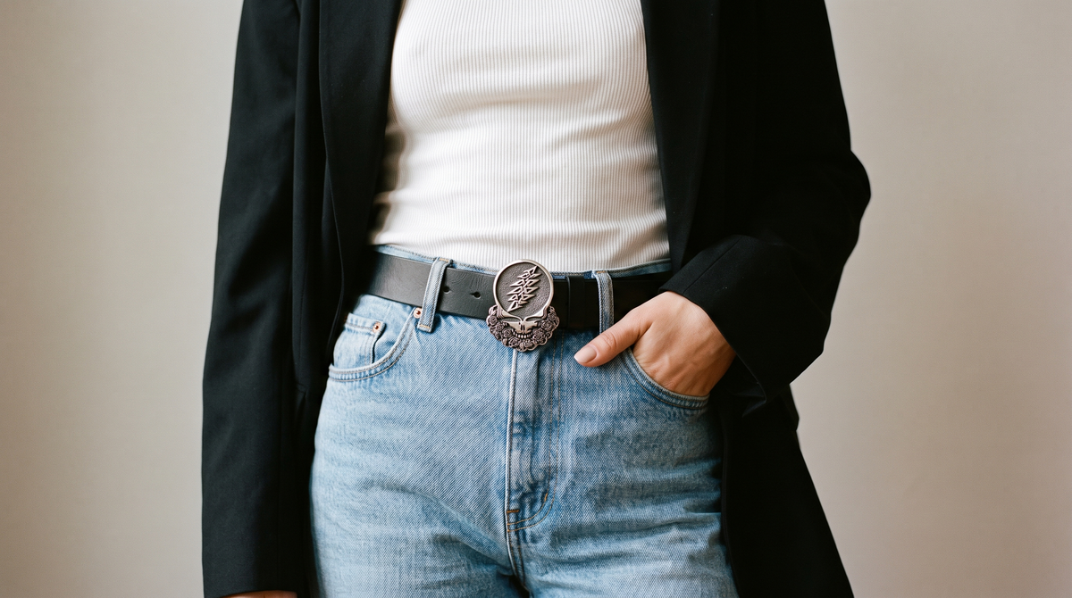 Steal Your Face sterling silver belt buckle worn on a black leather belt with jeans, white tank top and black blazer - Grateful Dead limited edition by Cynthia Gale New York