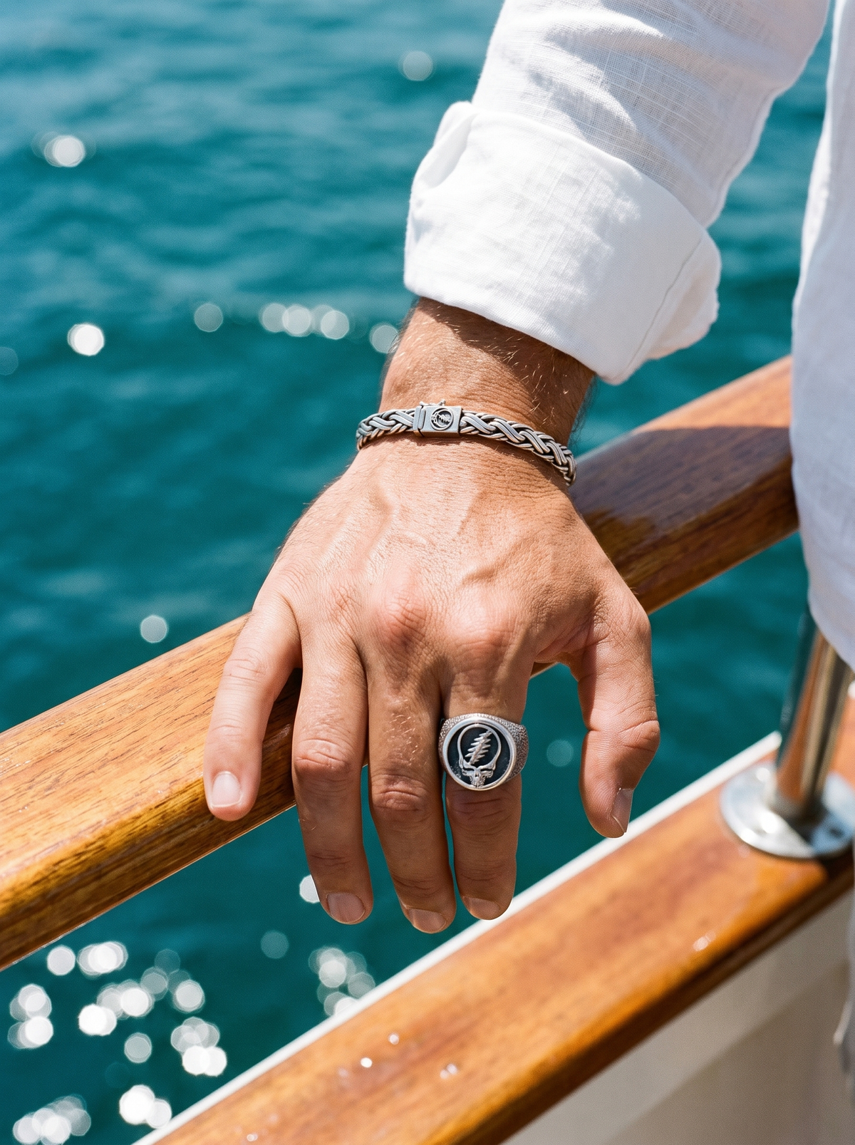 Grateful Dead Steal Your Face signet ring and chain bracelet - summer at sea (mobile)