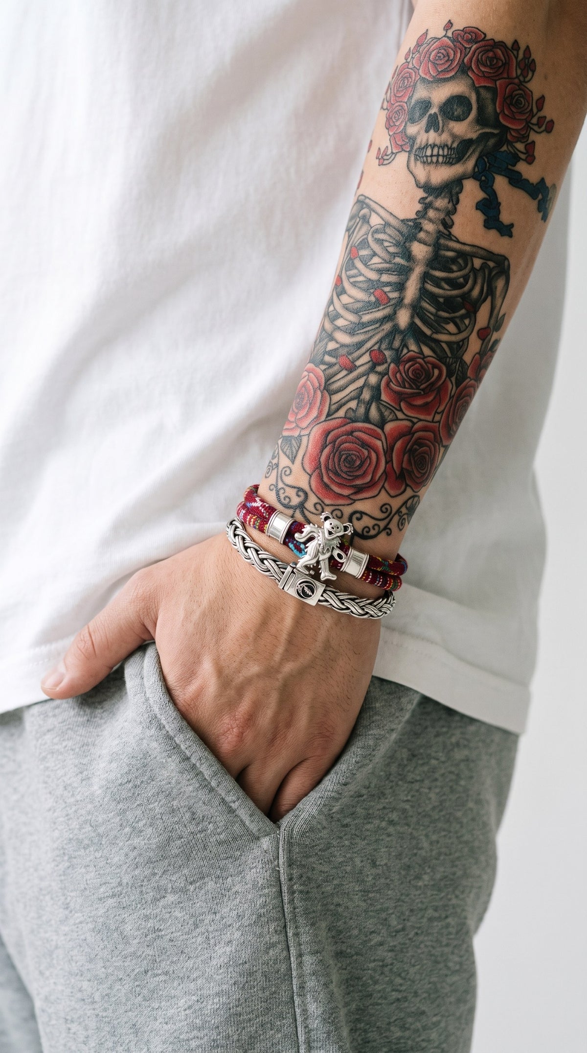 Dancing Bear Sterling Silver Deep Scarlet Cloth Rope Bracelet