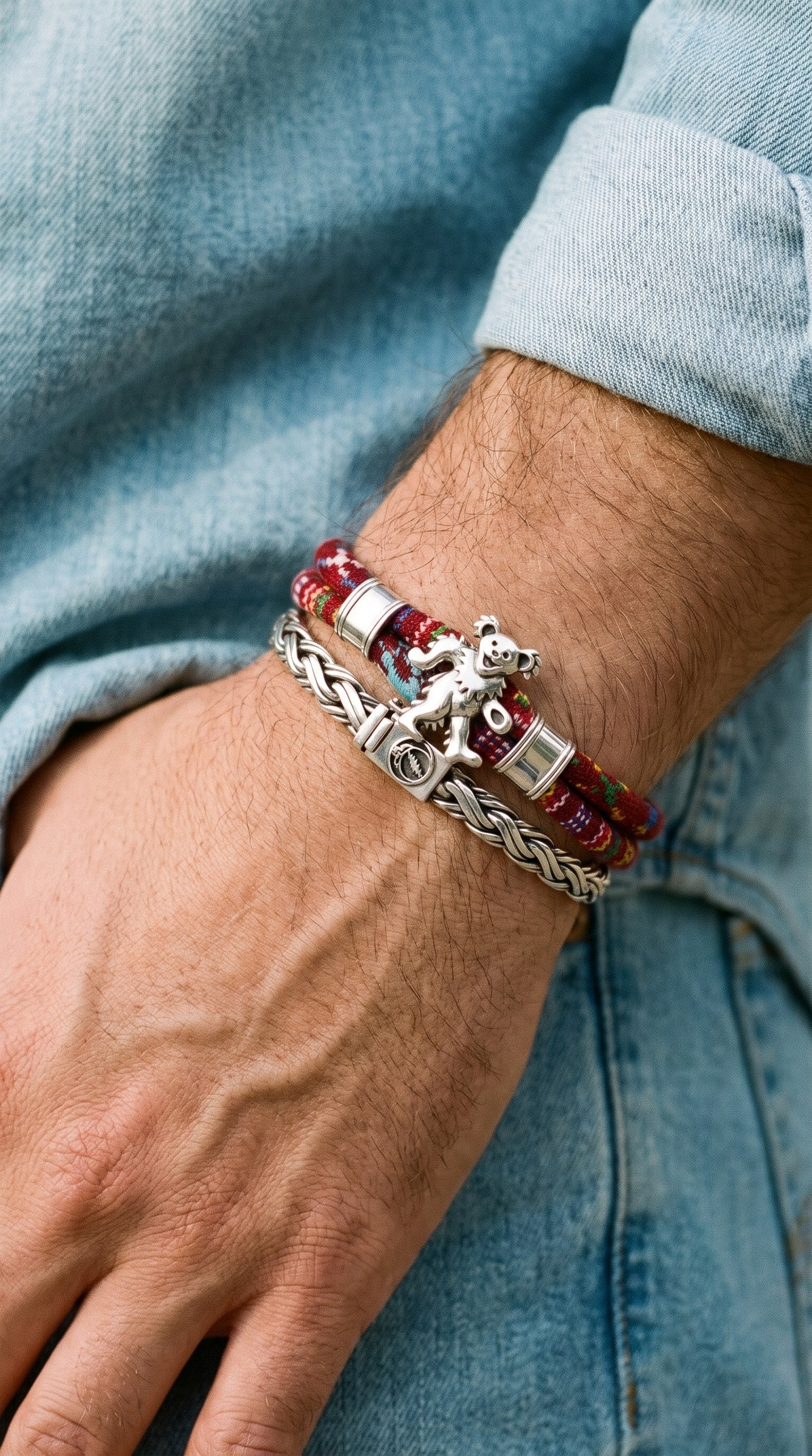 Dancing Bear Sterling Silver Deep Scarlet Cloth Rope Bracelet
