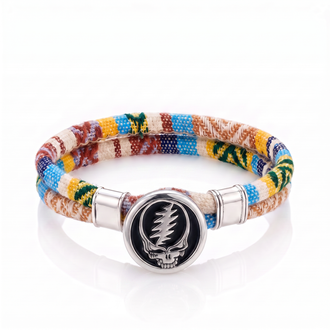 Steal Your Face sterling silver Harvest Dance woven cloth rope bracelet — front view