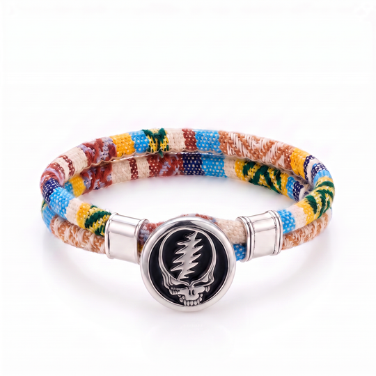 Steal Your Face sterling silver Harvest Dance woven cloth rope bracelet — front view