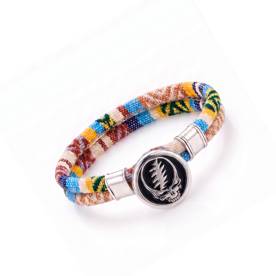 Steal Your Face sterling silver Harvest Dance woven cloth rope bracelet — tilted view