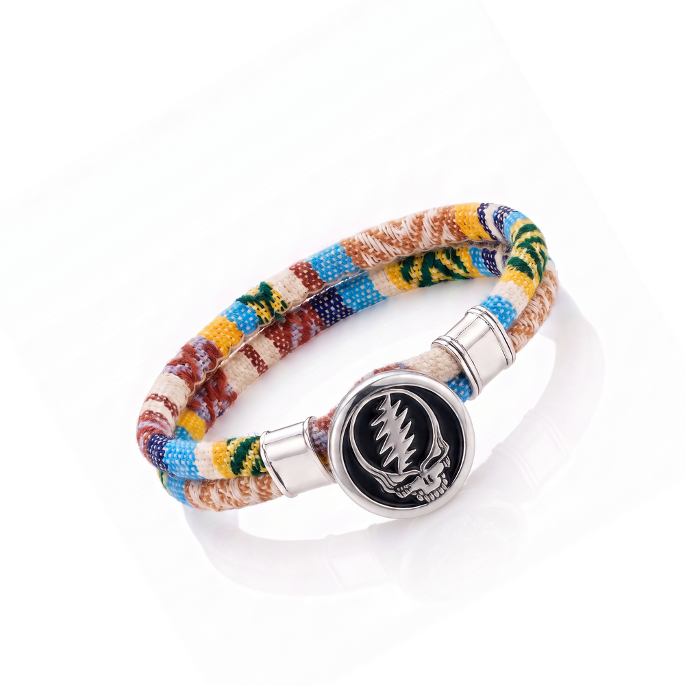 Steal Your Face sterling silver Harvest Dance woven cloth rope bracelet — tilted view
