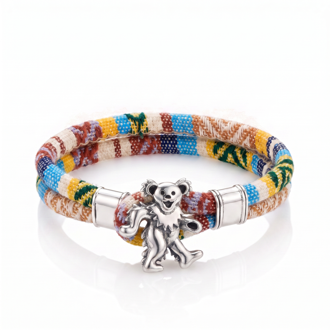 Dancing Bear sterling silver Harvest Dance woven cloth rope bracelet — front view