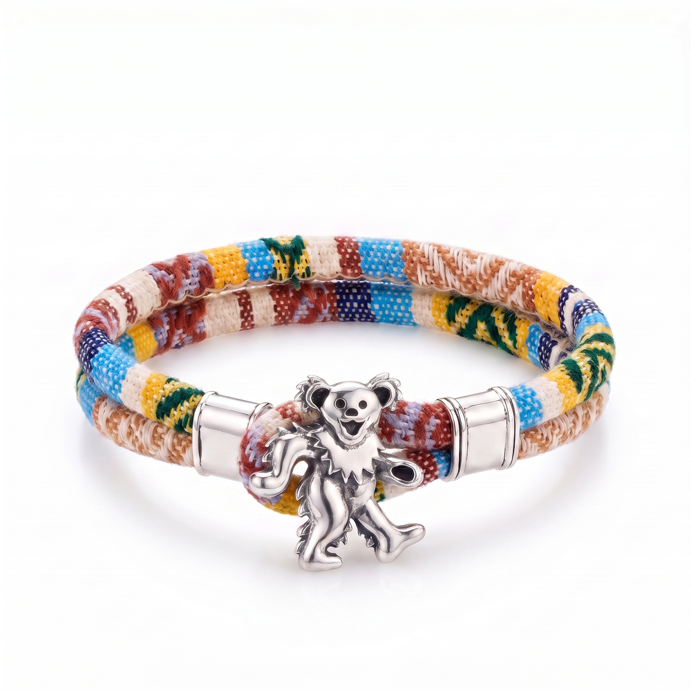 Dancing Bear sterling silver Harvest Dance woven cloth rope bracelet — front view