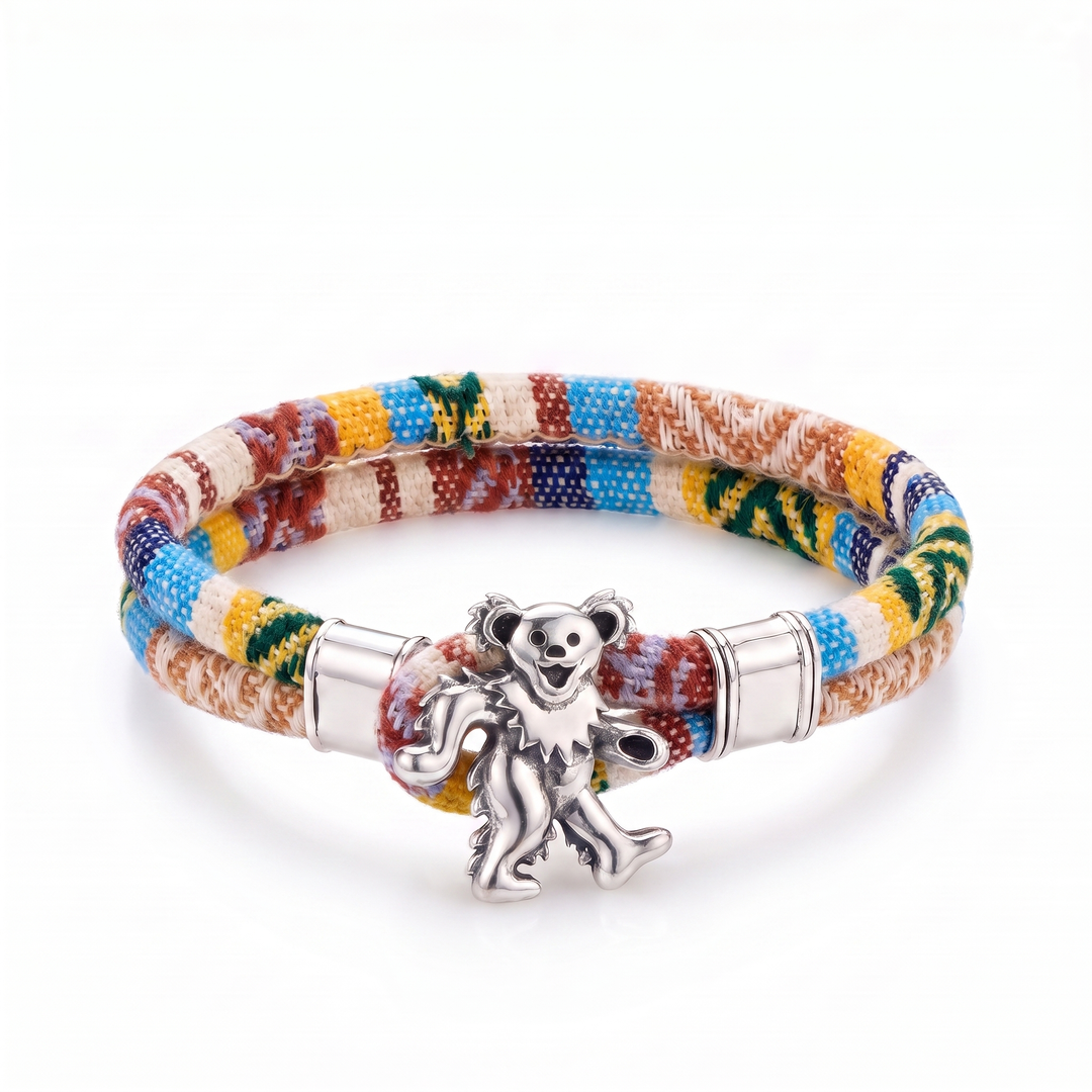 Dancing Bear sterling silver Harvest Dance woven cloth rope bracelet — front view