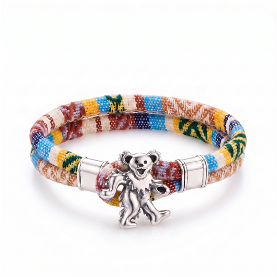Dancing Bear sterling silver Harvest Dance woven cloth rope bracelet — front view