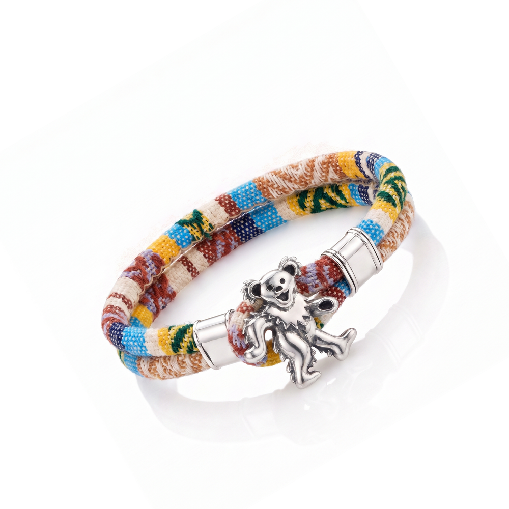 Dancing Bear sterling silver Harvest Dance woven cloth rope bracelet — tilted view