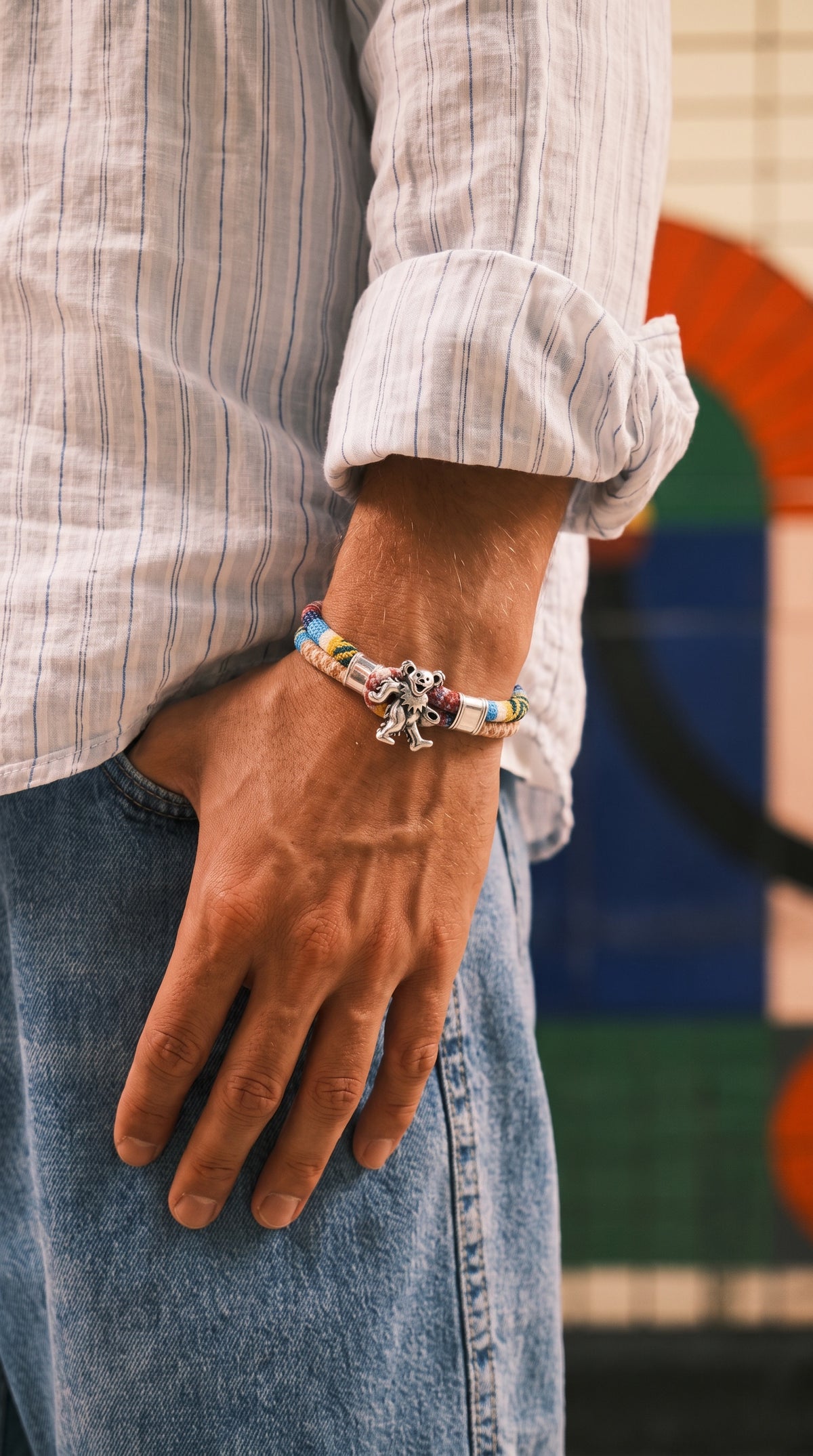 Dancing Bear Sterling Silver Harvest Dance Woven Cloth Rope Bracelet