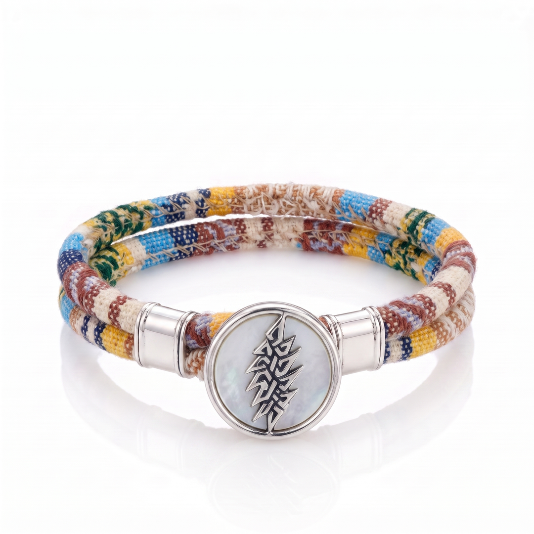 13 Point Lightning Bolt sterling silver Harvest Dance woven cloth rope bracelet — front view