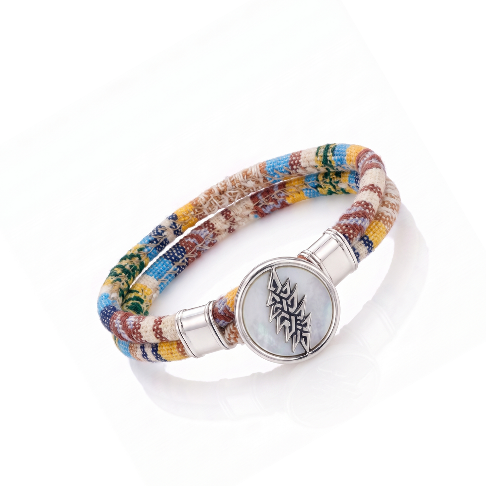 13 Point Lightning Bolt sterling silver Harvest Dance woven cloth rope bracelet — tilted view