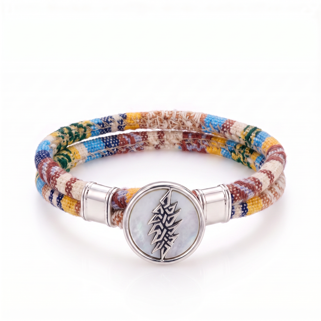 13 Point Lightning Bolt sterling silver Harvest Dance woven cloth rope bracelet — front view