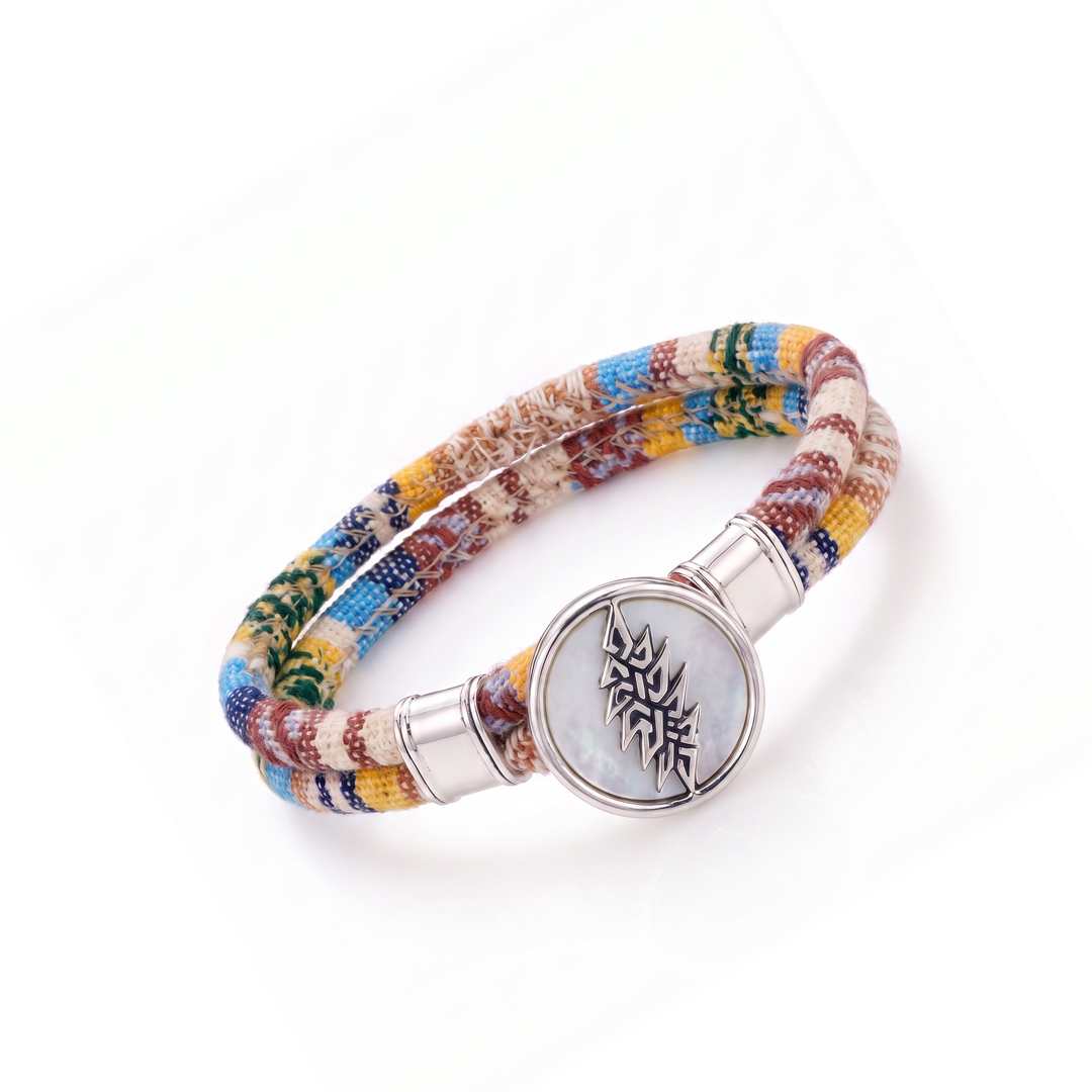13 Point Lightning Bolt sterling silver Harvest Dance woven cloth rope bracelet — tilted view
