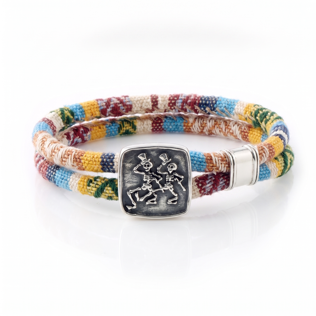 Dancing Skeletons sterling silver Harvest Dance woven cloth rope bracelet — alternate view