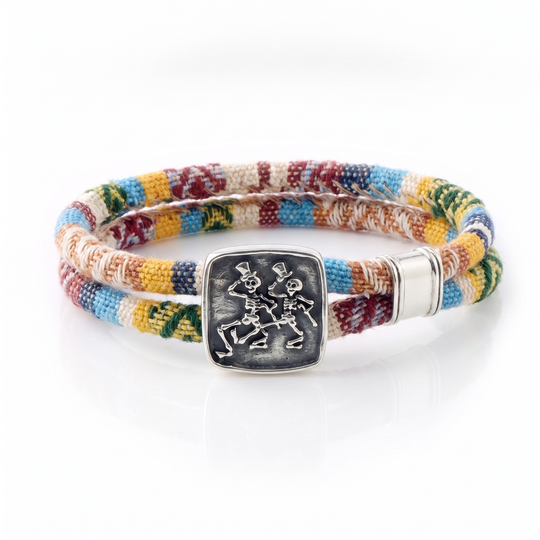 Dancing Skeletons sterling silver Harvest Dance woven cloth rope bracelet — alternate view