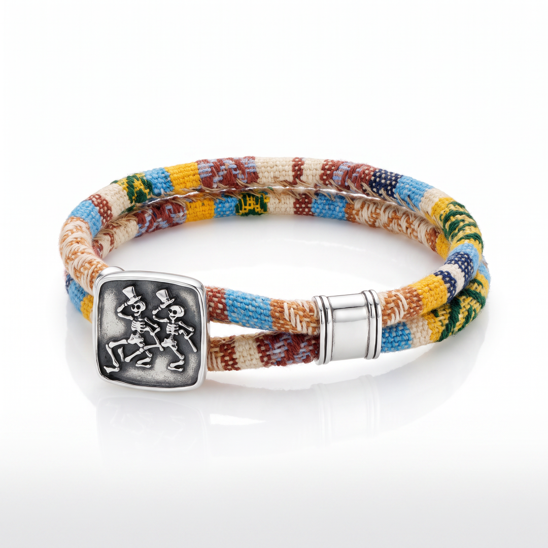 Dancing Skeletons sterling silver Harvest Dance woven cloth rope bracelet