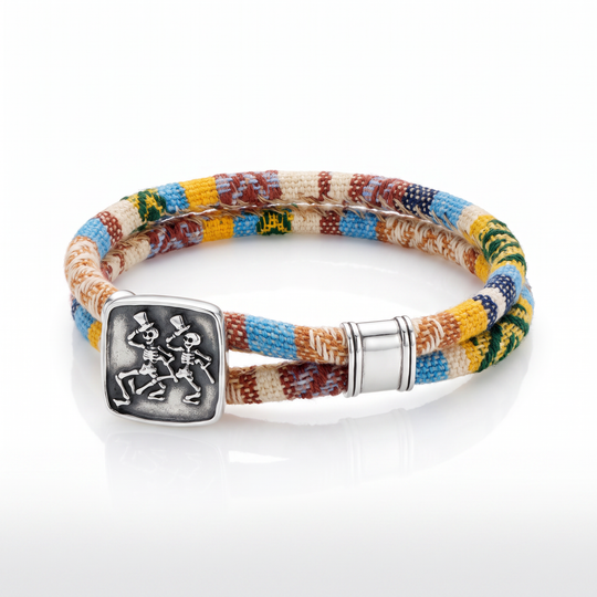 Dancing Skeletons sterling silver Harvest Dance woven cloth rope bracelet