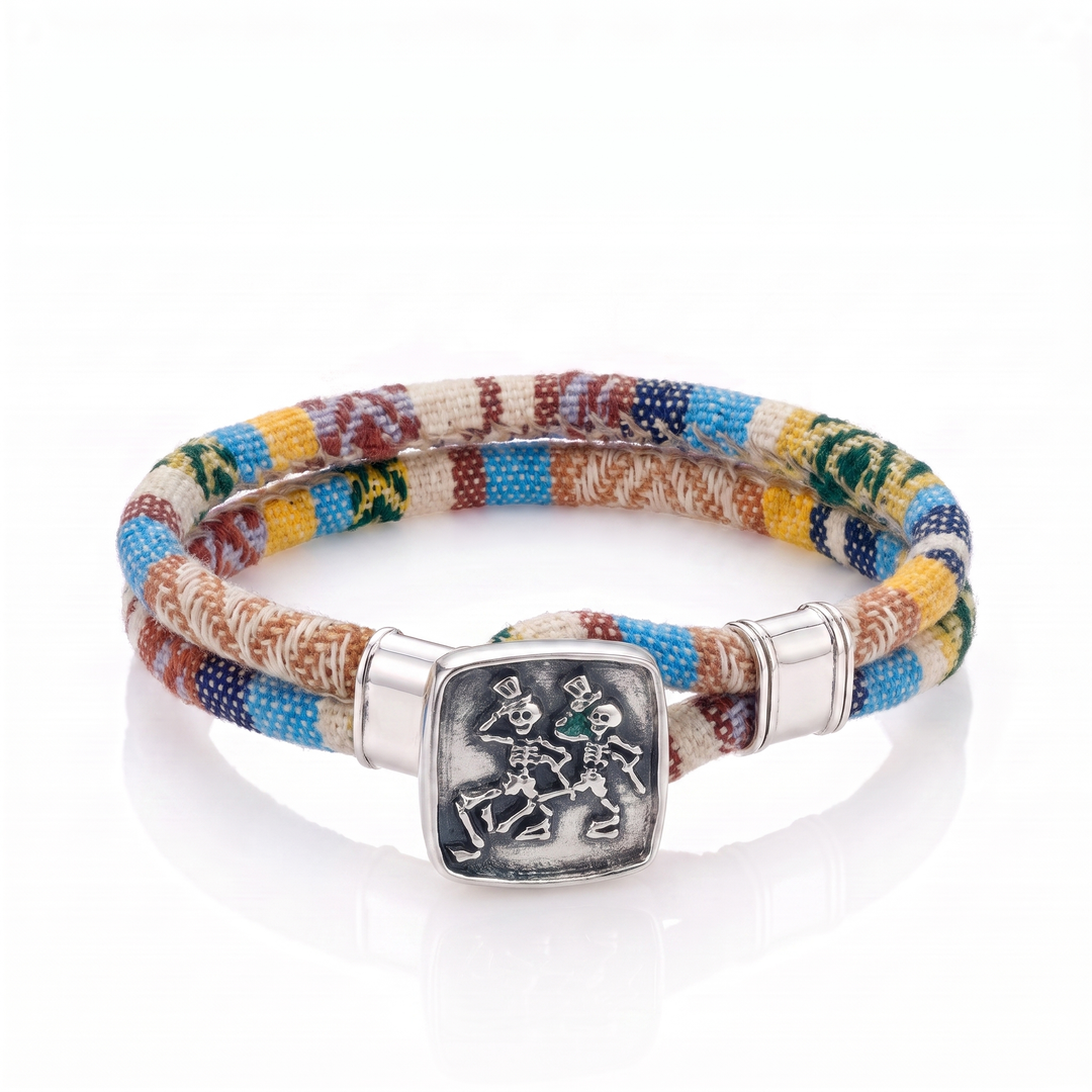Dancing Skeletons sterling silver Harvest Dance woven cloth rope bracelet — front view