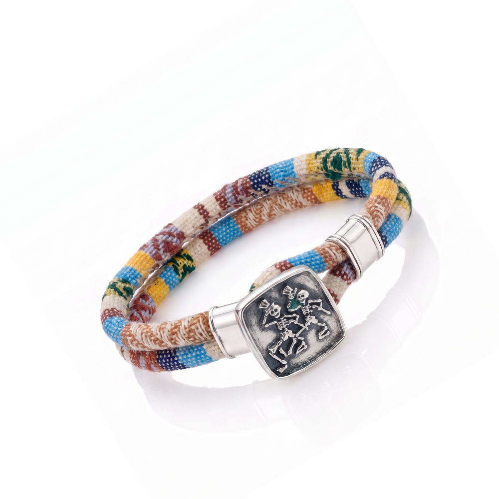 Dancing Skeletons sterling silver Harvest Dance woven cloth rope bracelet — tilted view
