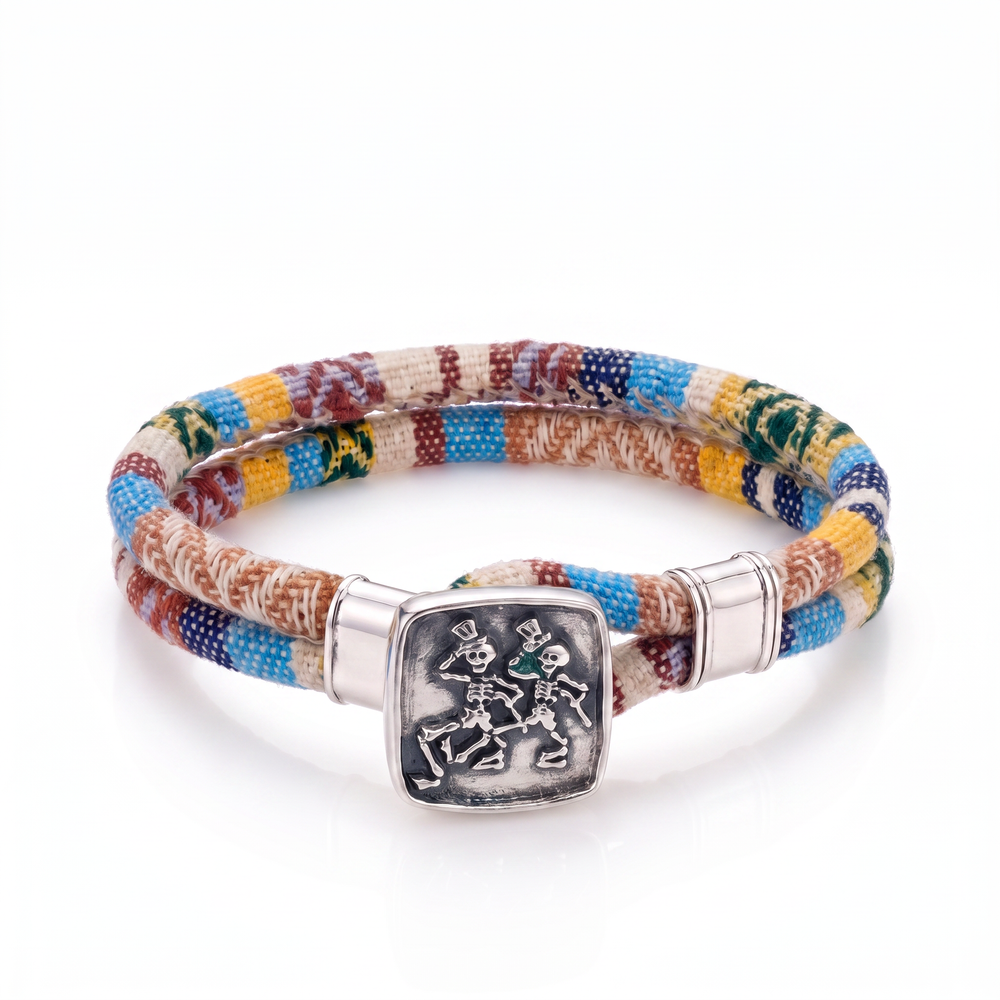 Dancing Skeletons sterling silver Harvest Dance woven cloth rope bracelet — front view