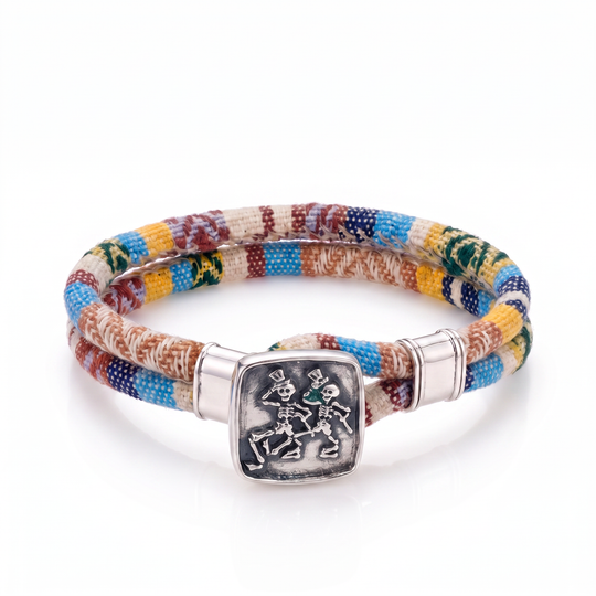 Dancing Skeletons sterling silver Harvest Dance woven cloth rope bracelet — front view